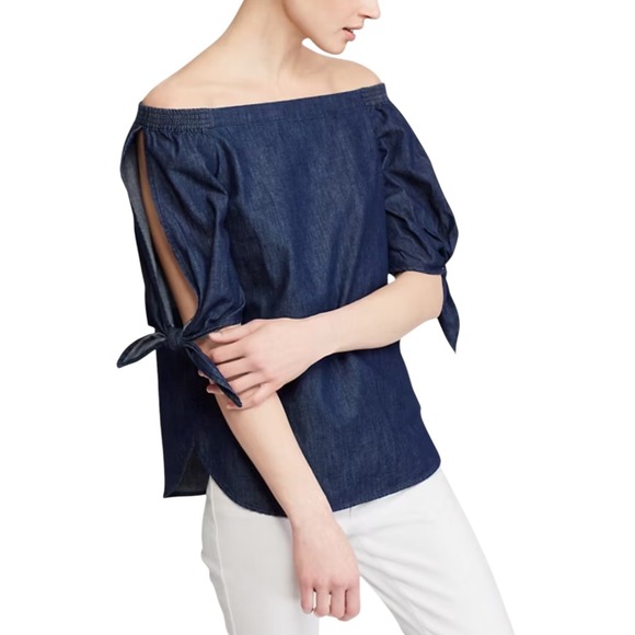 Lauren Ralph Lauren off the shoulder tie‎ denim shirt. 1X. EUC - Picture 2 of 7